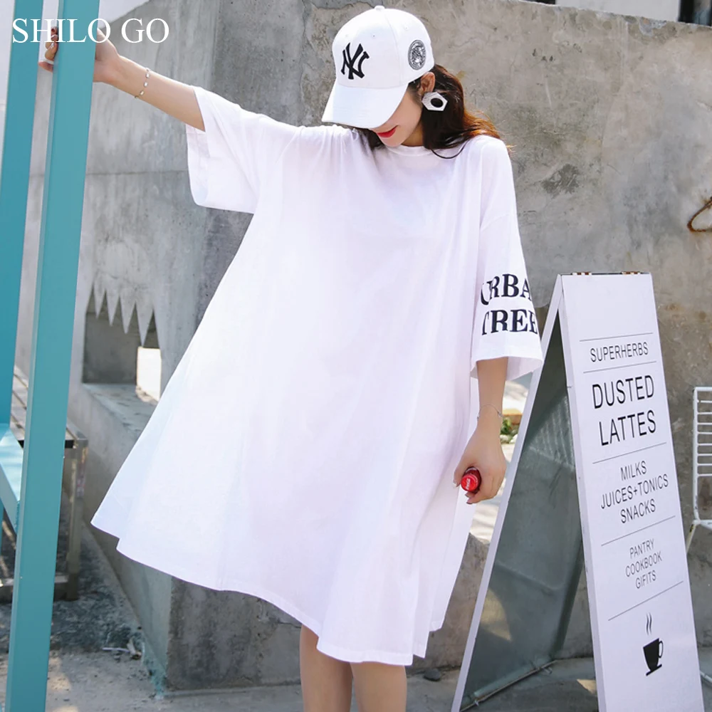 SHILO EITI Moterų Suknelė 2020 Metų Vasaros Baltas Laiškas Atspausdintas T-shirt Suknelės Asymmertriacl Moterų Pusė Rankovės Atsitiktinis Palaidų Trumpa Suknelė