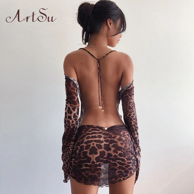Artsu Tvarstis Leopard Prarasti Mini Suknelės Moterų Mados Streetwear Seksualus Backless Šalis Suknelė Clubwear Moterų Apranga 42095