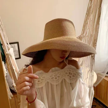 2019 metų Moteris Vasaros moterų skrybėlę Hepburn Stiliaus Derliaus Dizaino, Platus pusėje Šiaudų Skrybėlę vientisos Spalvos Paplūdimio Atostogų Paplūdimio Skrybėlę Didelis Saulės Skrybėlę