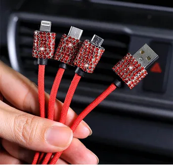 3 in 1 USB Cable For iPhone Deimantų Kristalų Automobilių Greito Įkrovimo Kabelį, Skirtą 