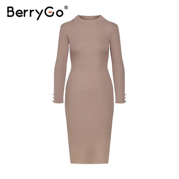 BerryGo Seksualus silm moterų megzti suknelė Atsitiktinis ilgomis rankovėmis moteriška mygtukai megztinis, suknelė, o Mados kaklo rudens žiemos dress vestido