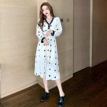 Elegantiška Suknelė Moterims Midi Prancūzijos Derliaus Šalis Suknelė Moteriška Rudens 2020 V-Kaklo, Ilgomis Rankovėmis Dot Atsitiktinis Korėjos Suknelė Office Lady