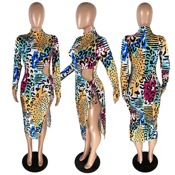 HAOYUAN Seksualus Leopardas Spausdinti Pusės Split Bodycon Midi Suknelė Patenka Suknelės Moterims Tvarstis Mados Vestido Naktį Šalies Klubas