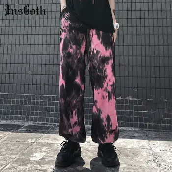 InsGoth Harajuku Violetinė Kaklaraištis Dažų Kelnes Goth Punk Aukšto Juosmens Negabaritinių Kelnės Moterims Streetwear Atsitiktinis Homeware Tiesios Kelnės