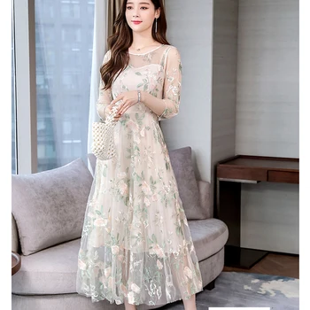 Kinijos Vintage Stiliaus Nėrinių Gėlių Siuvinėjimas Maxi Suknelė Iki 2021 M. Rudenį Plius Dydis Midi Suknelė Moterims Bodycon Seksualus Akių Šalis Vestidos