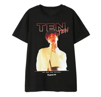 Kpop superM nario vardą/nuotraukų spausdinimu, o kaklas trumpas rankovės marškinėliai vasaros stiliaus k-pop unisex black t-shirt