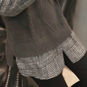 Megztiniai Moterų Žiemos Kratinys Pledas Apšvietimo-rankovės Puloveriai korėjos stiliaus Prarasti Netikrą Dviejų dalių Mezgimo Rhombus Madinga Atsitiktinis