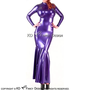 Metallic Purple Seksualus Slidinėti Latekso Suknelė Su ilgomis Rankovėmis Padalinta Gumos Suknelė Bodycon Playsuit LYQ-0111