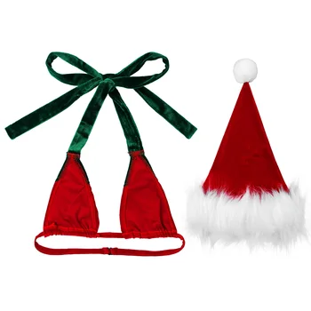 Moterų Aksomo Kalėdų apatinis Trikotažas Apynasrio Nėriniai-Up Bikini Liemenėlė Viršūnės su Skrybėlę Santa Claus Apatiniai Kalėdos Cosplay Rave Seksualus Kostiumas