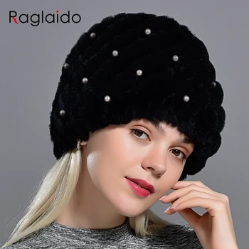 Naujas Perlas Triušio kailio kepurę Moterims rusijos tikro Kailio Megzta Kepurė Unikalus dizainas Žiemos Beanie Skrybėlių mados prekės ženklo kaukoles RGQ11279