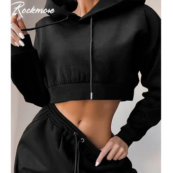 Rockmore Dviejų dalių Komplektas sportiniai Kostiumai Moterų Hoodie Kelnes Nustatyti ilgomis Rankovėmis Apkarpyti Viršūnes Sportwear 2020 M. Rudens Žiemos Kietas Jogger Kostiumai