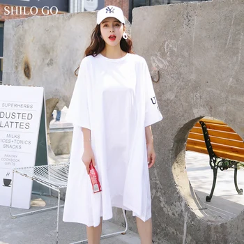 SHILO EITI Moterų Suknelė 2020 Metų Vasaros Baltas Laiškas Atspausdintas T-shirt Suknelės Asymmertriacl Moterų Pusė Rankovės Atsitiktinis Palaidų Trumpa Suknelė