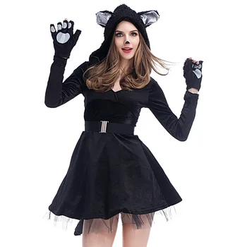 Umorden Helovinas Puras Šalies Kostiumai Moterims Suaugusiųjų Gyvūnų Juodosios Katės Kostiumas Catwoman Catsuit Cosplay Gobtuvu Suknelė M-XL