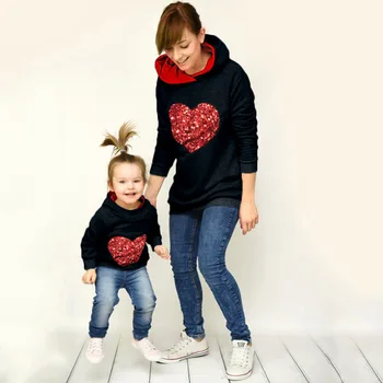 VearDoller Mama ir Dukra derinti Drabužius 2018 M. Rudens Žiemos Ilgos Rankovės Širdies Modelis Hoodies Mamytė ir Man Susagstomi megztiniai