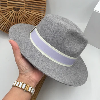Vilnos skrybėlę spalvos juosta balta šviesiai violetinės juostelės double black metalo logotipas džiazo skrybėlę fedoras Panama