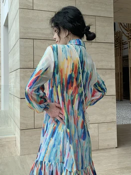 WQJGR 2020 m. Pavasarį ir Rudenį ilgomis Rankovėmis Suknelė Moterims Turn-žemyn Apykaklės Geometrinis tie dažai Raukšlėtis Elegantiška Suknelė